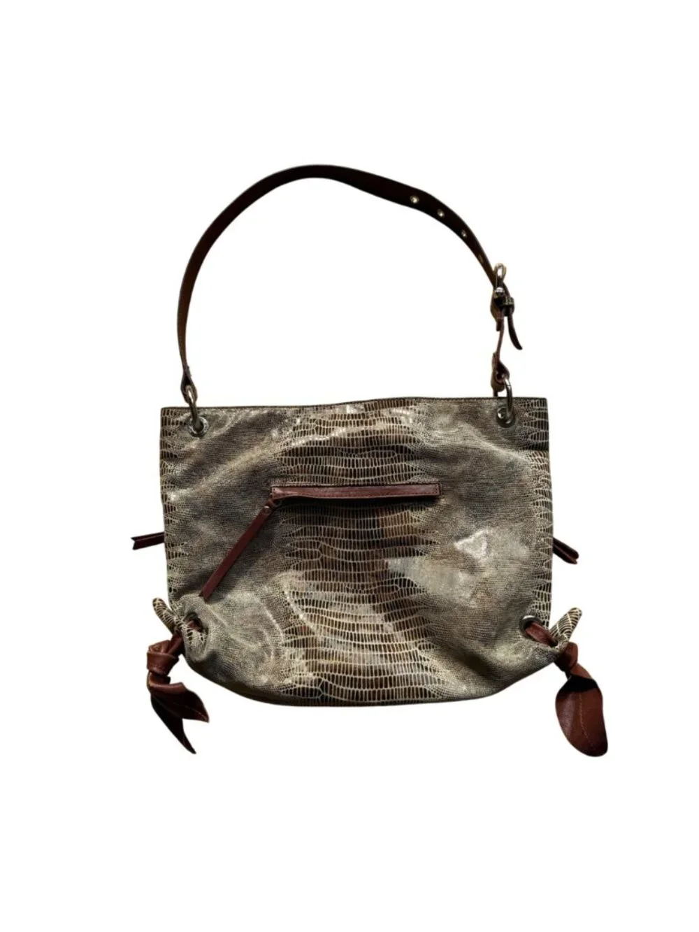 Chez Women's Hobo Bag Tan Brown Leather Snake Embossed Metallic Shoulder Tote